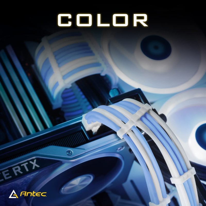 Antec PSU Cables, Sleeved Cable Extension Kit, White Connector, White Blue Antec PSU Cables, Sleeved Cable Extension Kit, White Connector, White Blue