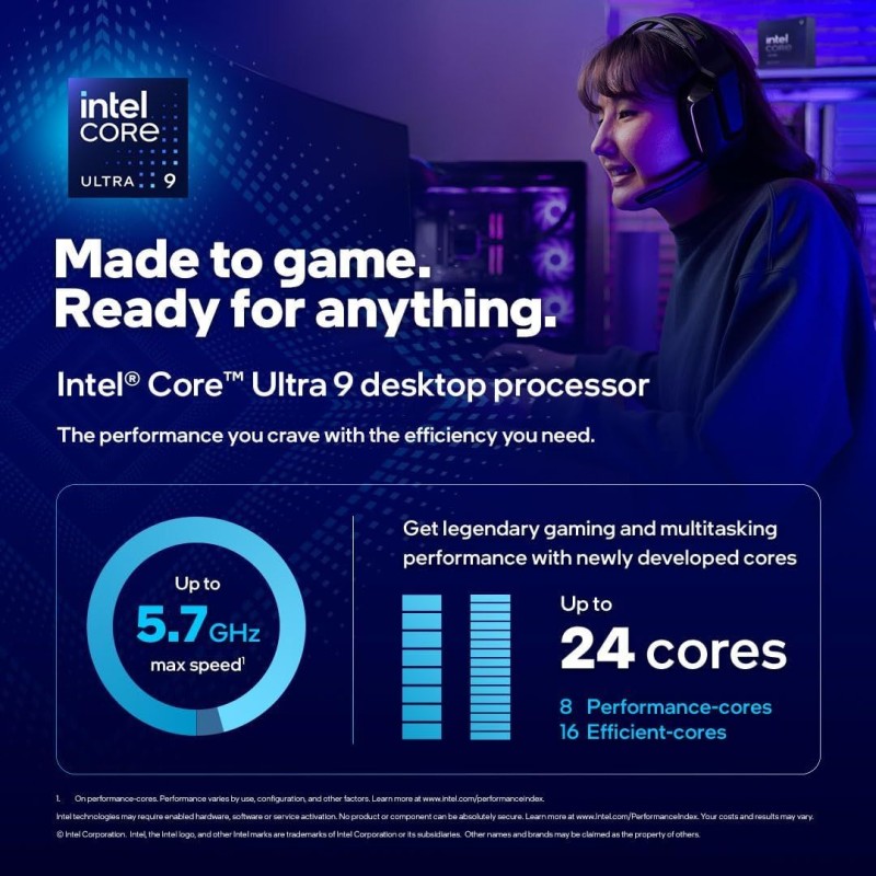 Intel Core Ultra 9 285K - 24 cores (8 P-cores & 16 E-cores) up to 5.7 GHz Intel Core Ultra 9 285K - 24 cores (8 P-cores & 16 E-cores) up to 5.7 GHz