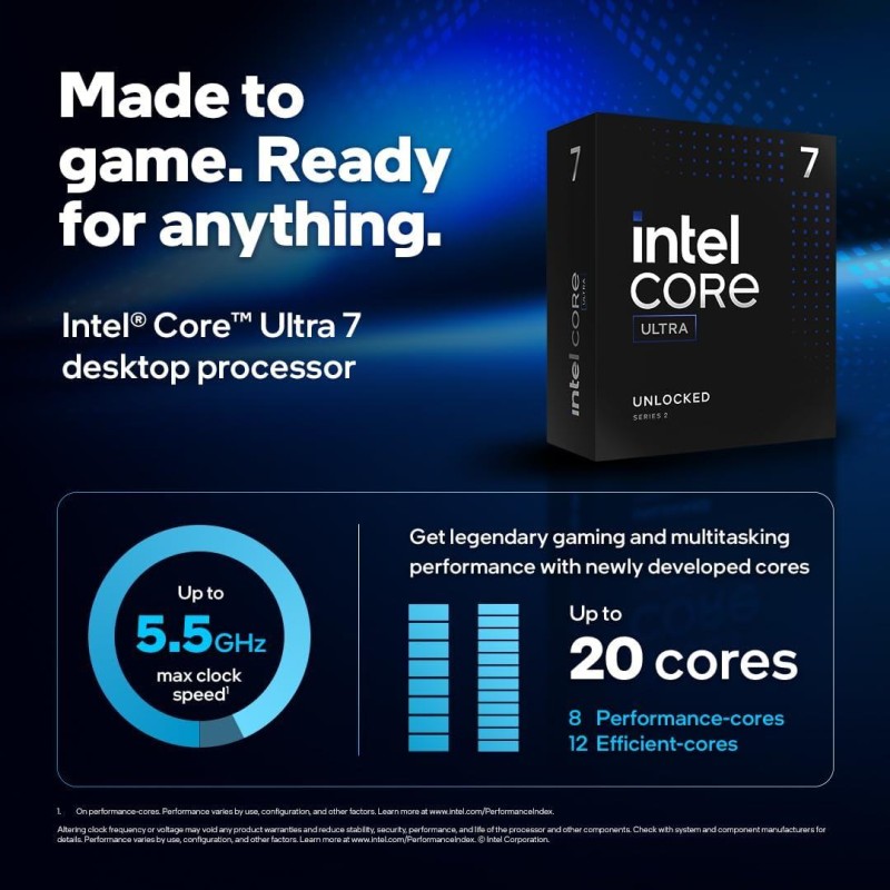 Intel Core Ultra 7 265K - 20 cores (8 P-cores & 12 E-cores) up to 5.5 GHz Intel Core Ultra 7 265K - 20 cores (8 P-cores & 12 E-cores) up to 5.5 GHz