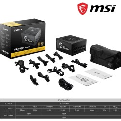 MSI MPG A750GF EU Plug PSU 750 W, 80 Plus Gold Certified, Fully Modular, 100% Japanese Capacitor, Flat Cables, ATX Power Supply Unit, EU Powercord, Black